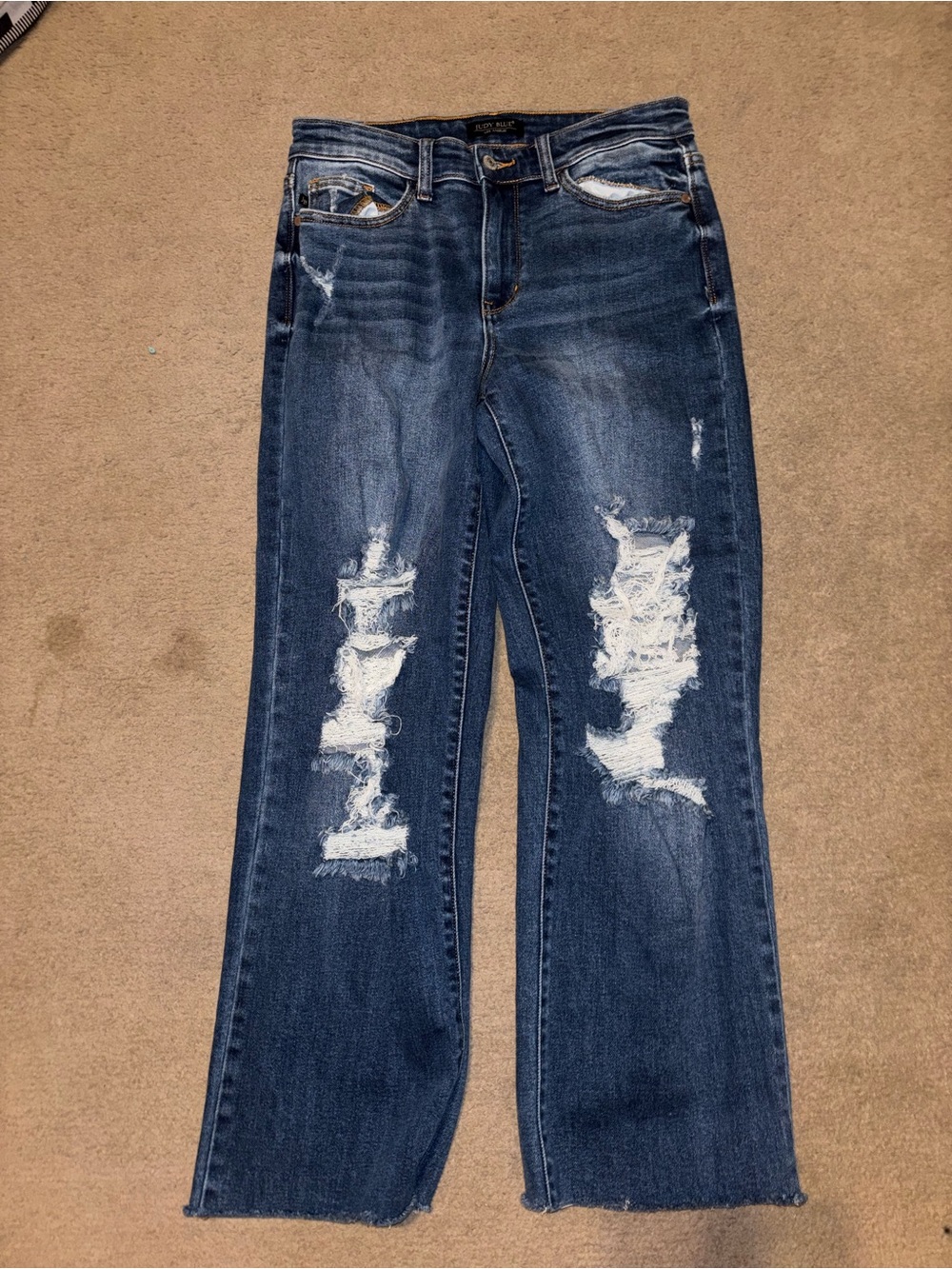 Judy Blue Dark Blue Distressed Cropped Wide Leg Jeans Dad Jean style